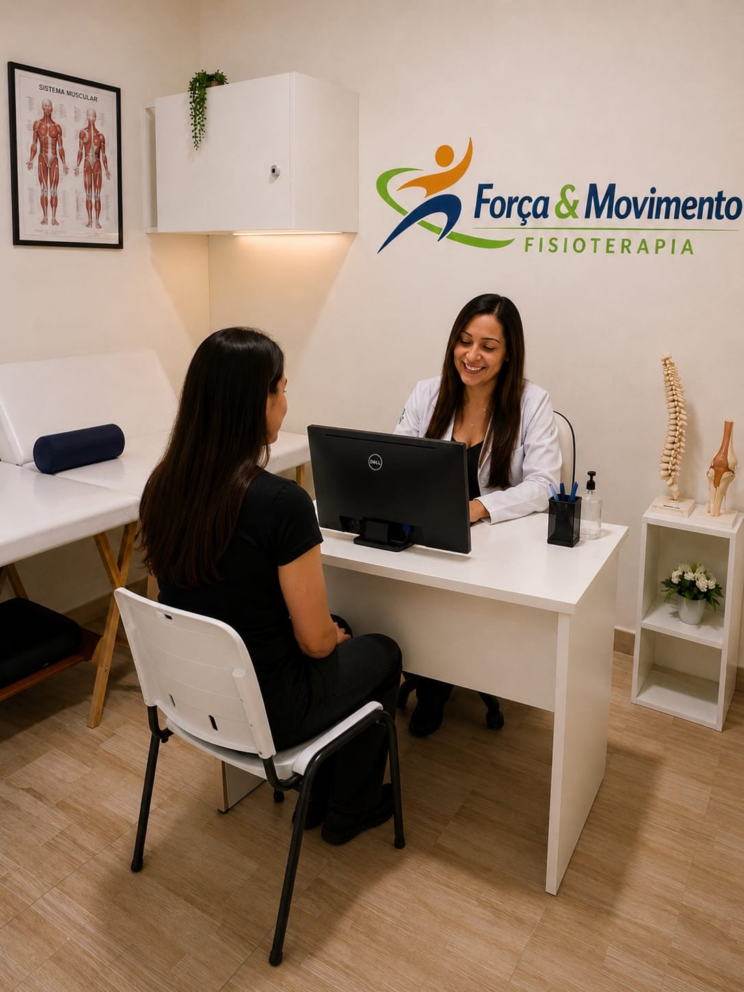 Consultório da Clínica Força & Movimento, com atendimento personalizado e a marca da clínica na parede