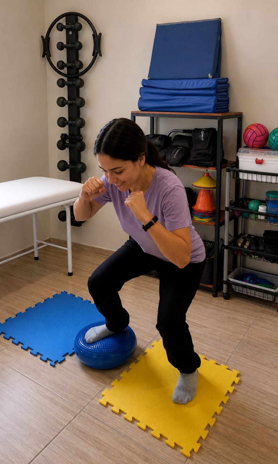Paciente realizando exercício de equilíbrio e propriocepção na sala de equipamentos