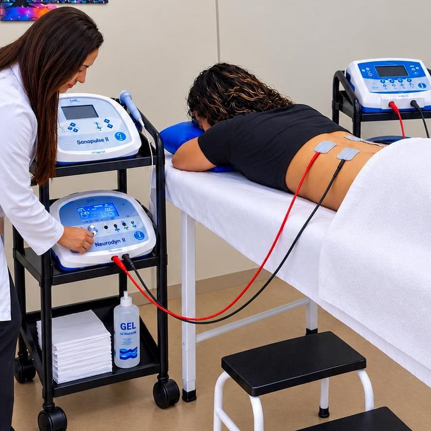 Paciente em sessão de eletroestimulação com equipamento de eletroterapia