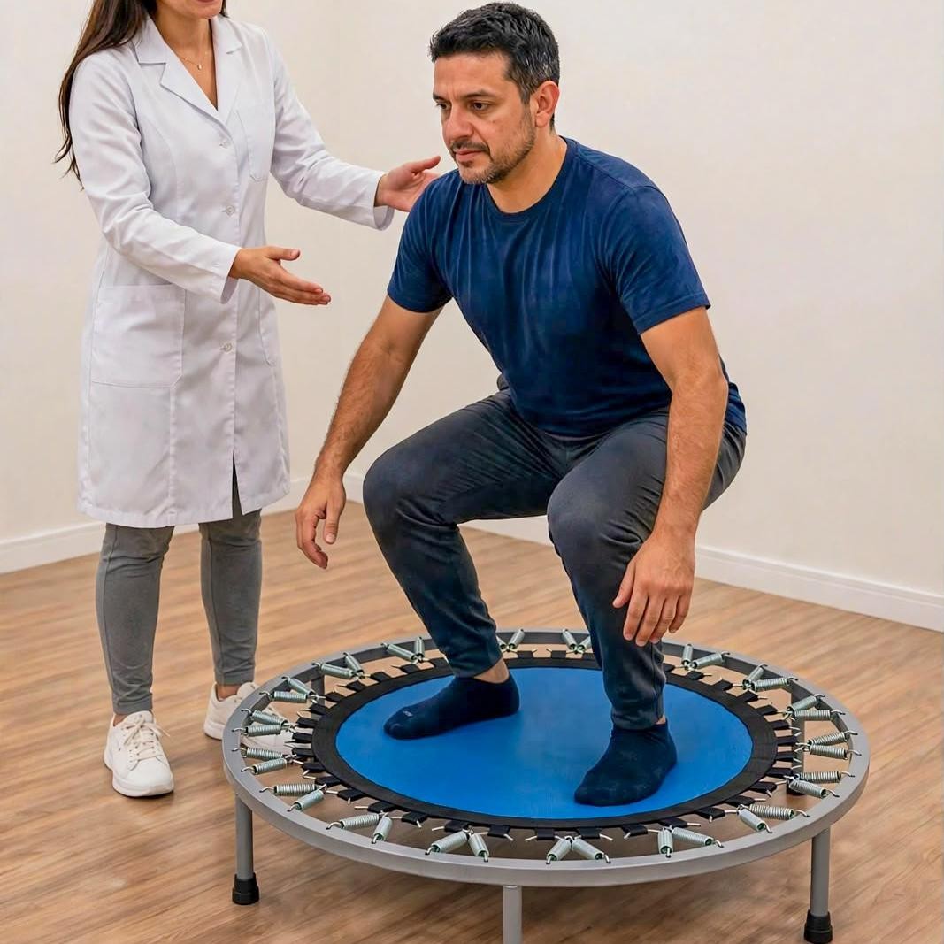 Fisioterapeuta acompanhando paciente durante exercício pliométrico na cama elástica